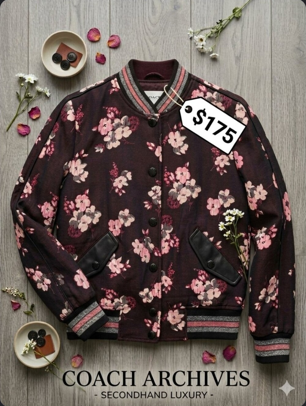 Authentic Coach Reversible Flower Printed Varsity Bomber Jacket